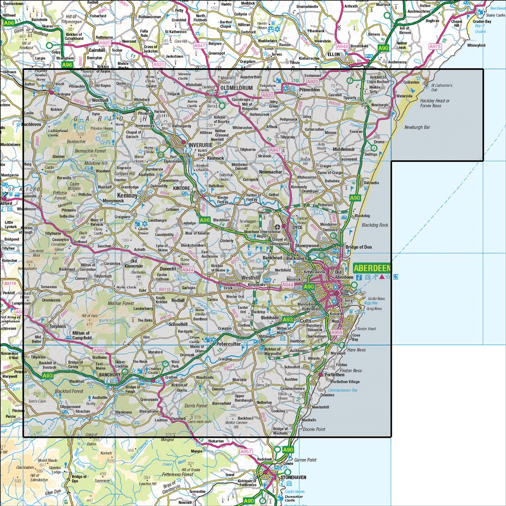 OMN4 image showing the area of the Ordnance Survey 1:50,000 Landranger map 38 Aberdeen Inverurie & Pitmedden