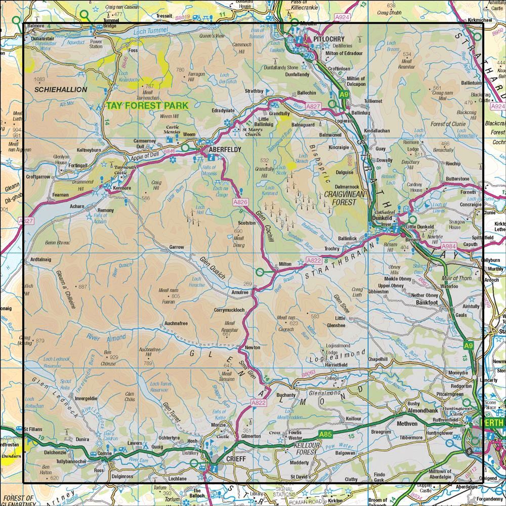 OMN4 image showing the area of the Ordnance Survey 1:50,000 Landranger map 52 Pitlochry & Crieff Aberfeldy