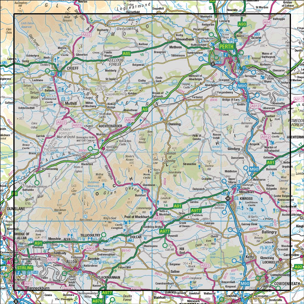 OMN4 image showing the area of the Ordnance Survey 1:50,000 Landranger map 58 Perth & Alloa Auchterarder