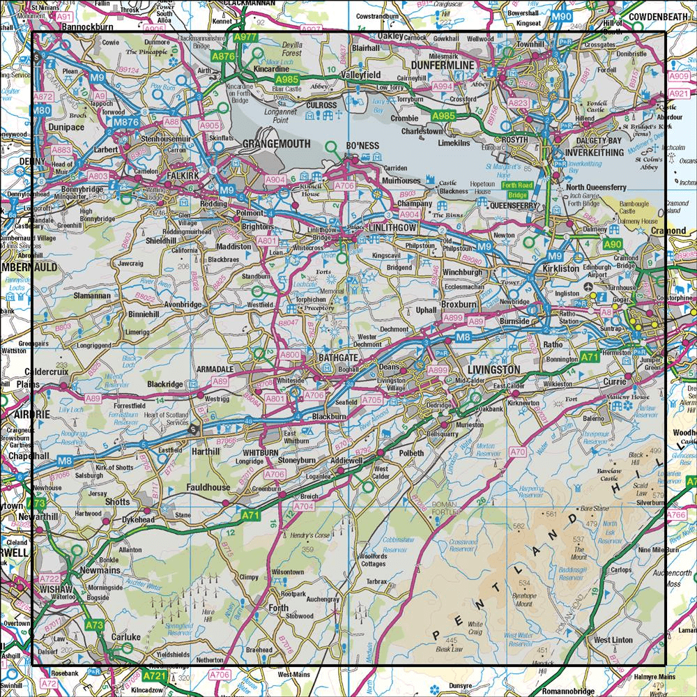 OMN4 image showing the area of the Ordnance Survey 1:50,000 Landranger map 65 Falkirk & Linlithgow Dunfermline