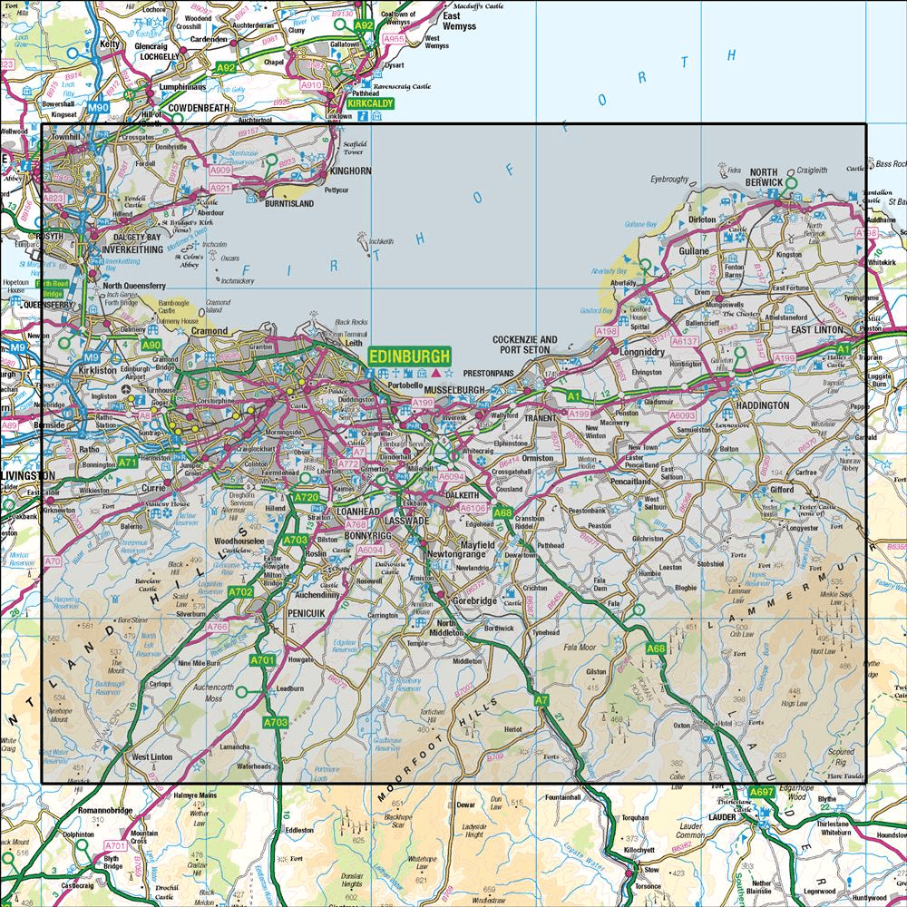 OMN4 image showing the area of the Ordnance Survey 1:50,000 Landranger map 66 Edinburgh Penicuik & North Berwick