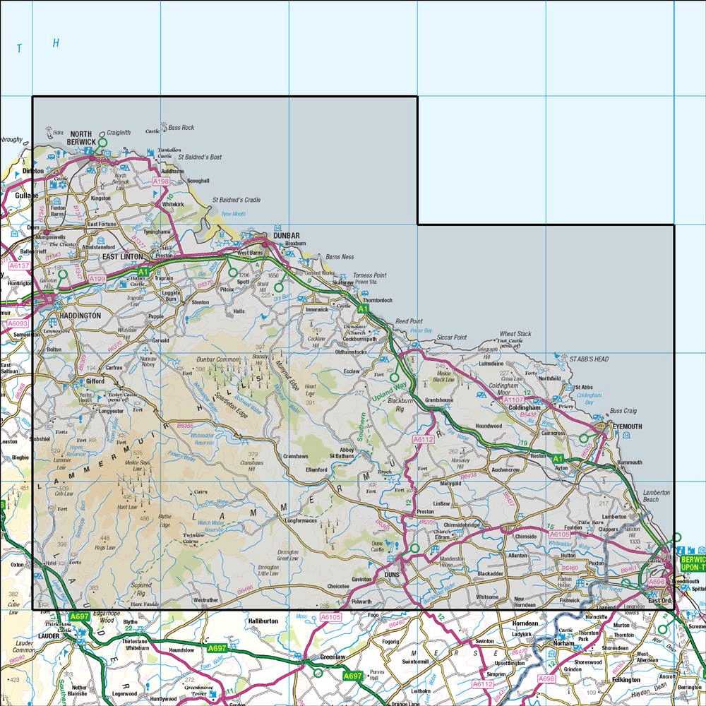 OMN4 image showing the area of the Ordnance Survey 1:50,000 Landranger map 67 Duns, Dunbar & Eyemouth