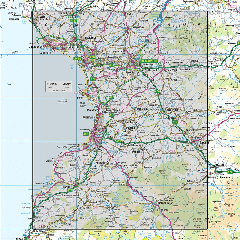 OMN4 image showing the area of the Ordnance Survey 1:50,000 Landranger map 70 Ayr, Kilmarnock & Troon