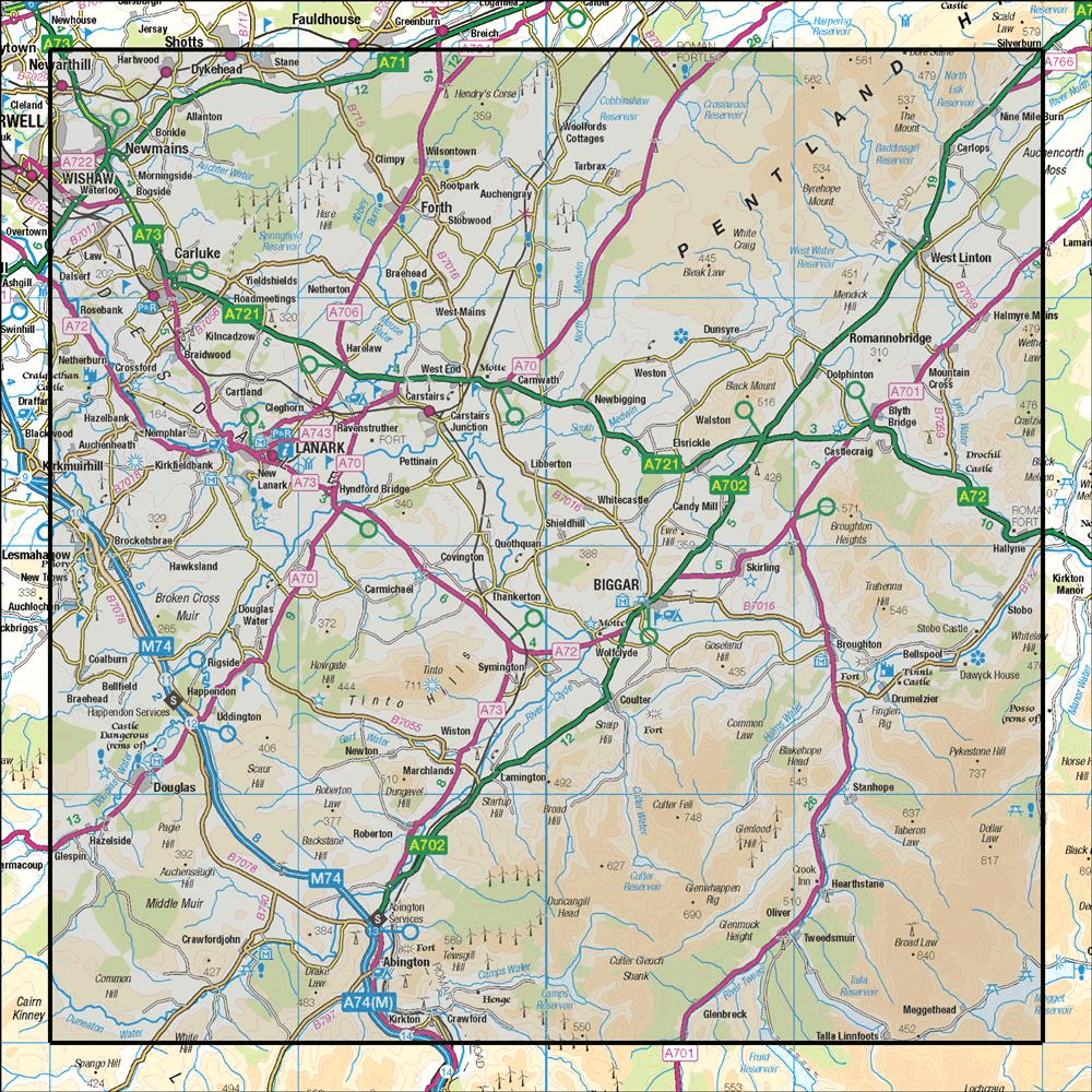 OMN4 image showing the area of the Ordnance Survey 1:50,000 Landranger map 72 Upper Clyde Valley Biggar & Lanark