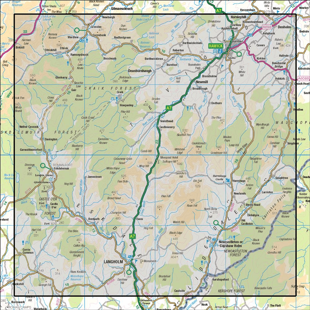 OMN4 image showing the area of the Ordnance Survey 1:50,000 Landranger map 79 Hawick & Eskdale Langholm