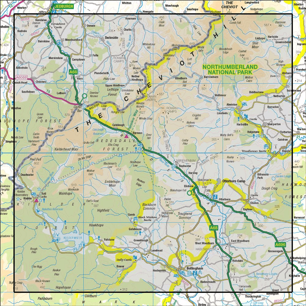 OMN4 image showing the area of the Ordnance Survey 1:50,000 Landranger map 80 Cheviot Hills & Kielder Water