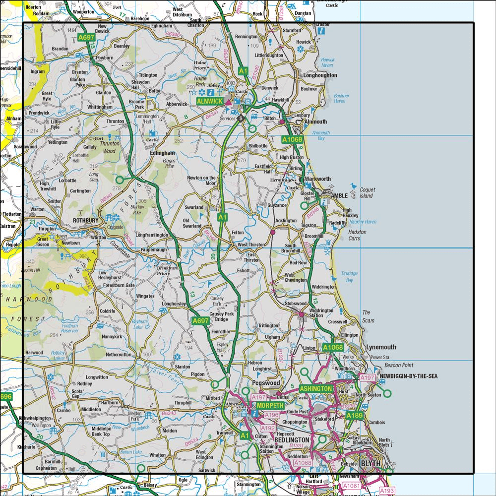 OMN4 image showing the area of the Ordnance Survey 1:50,000 Landranger map 81 Alnwick & Morpeth Rothbury & Amble