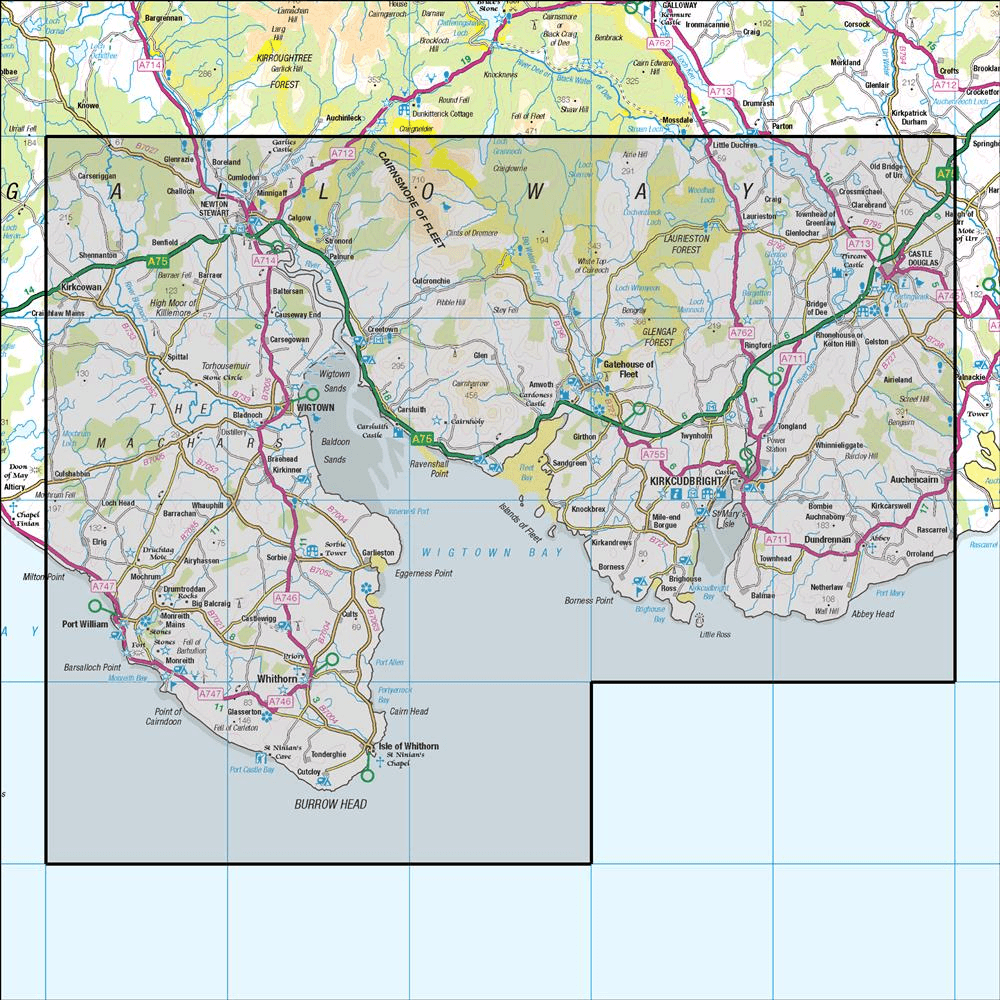 OMN4 image showing the area of the Ordnance Survey 1:50,000 Landranger map 83 Newton Stewart & Kirkcudbright Gatehouse of Fleet
