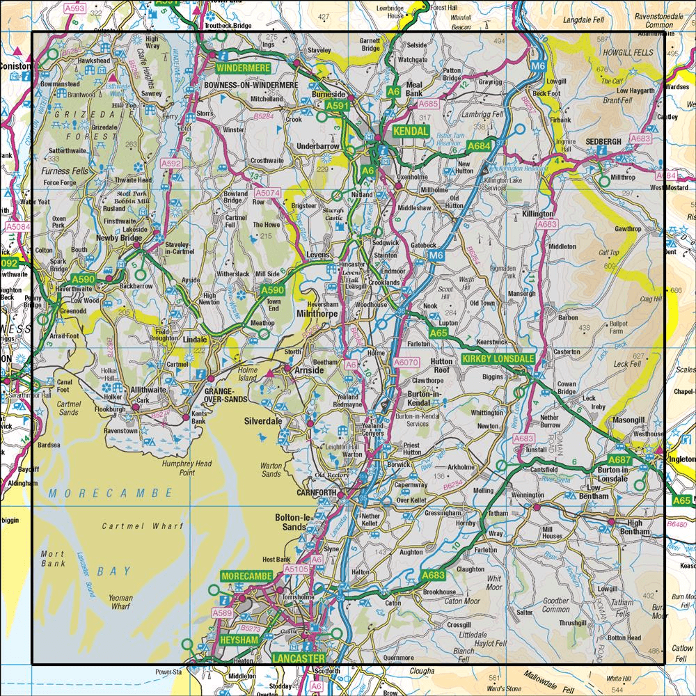OMN4 image showing the area of the Ordnance Survey 1:50,000 Landranger map 97 Kendal & Morecambe Windermere & Lancaster